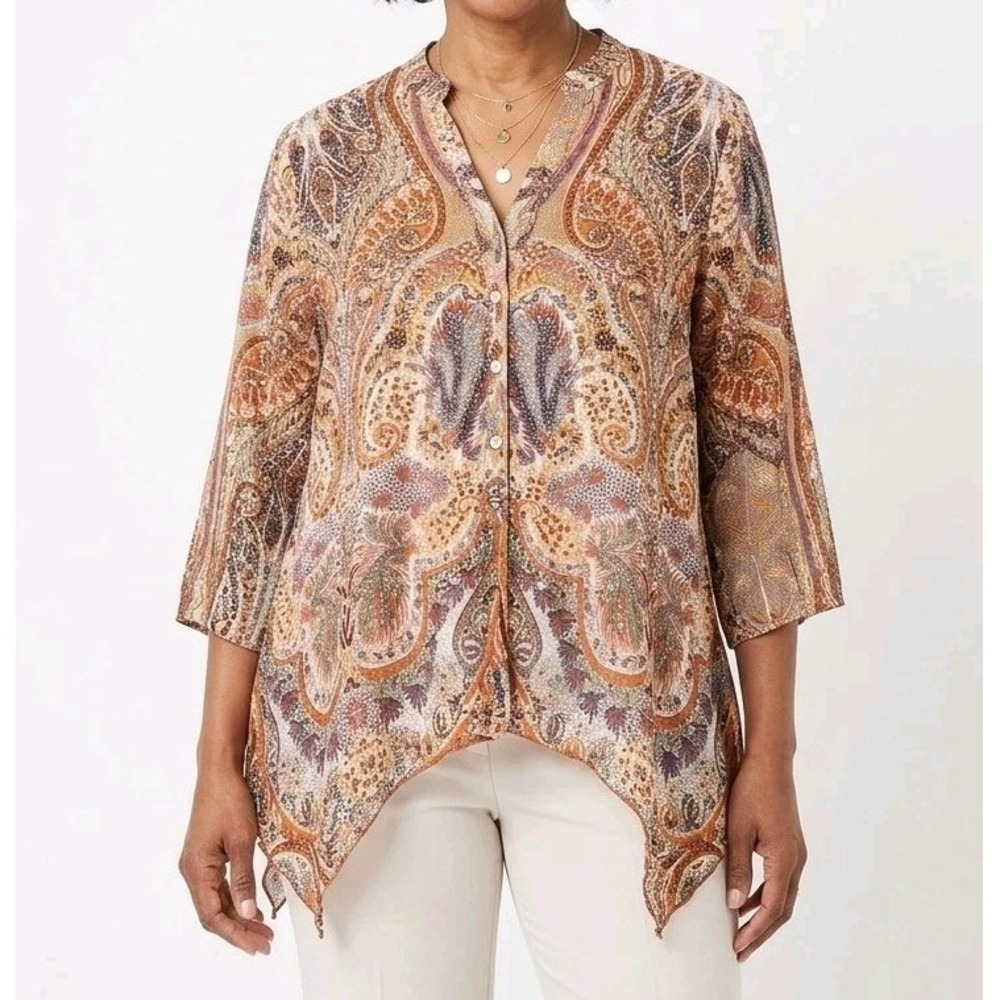 GRAND & GREENE Gold Purple Rayon Button Down Handkerchlef Hem Shirt 3/4 Sleeve